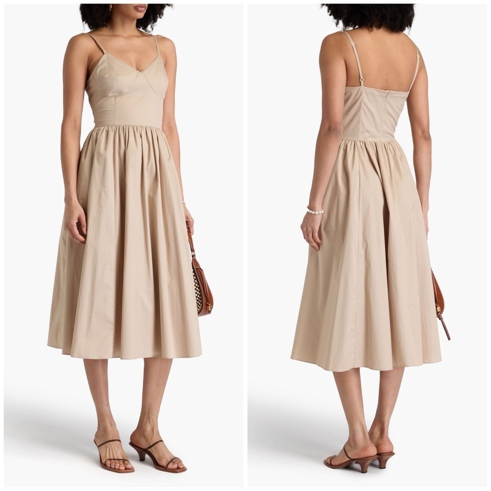 NWT Sandro Sophie Gathered Stretch Cotton Poplin Midi Dress Beige Sz 38
